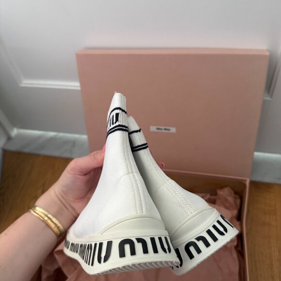NWT Miu Miu High Top Sock Sneakers White Knit Logo Pattern Rubber Sole - Picture 9 of 11